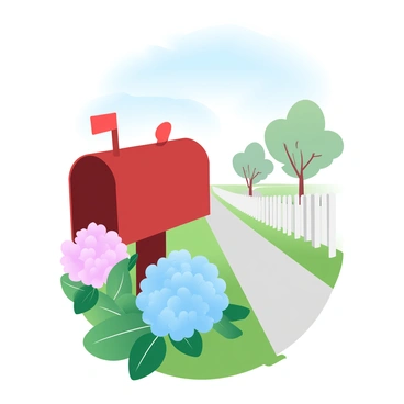 A classic mailbox surrounded by blooming hydrangeas on a sunny suburban street