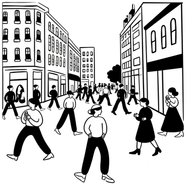 A bustling city street with stylishly dressed individuals walking past chic storefronts