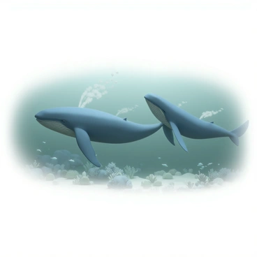 A pod of large blue whales swimming gracefully through water with a slightly greenish hue, indicating acidification. The whales, with their massive bodies and long, streamlined shapes, are moving in a line, some surfacing to exhale, creating misty plumes of water vapor. Surrounding them are small fish swimming and coral formations, which appear pale due to environmental stress. Bubbles trail behind the whales as they swim, reflecting light in the dimly lit water. The scene captures the dynamic movement and the contrast of the whales against the altered aquatic environment.