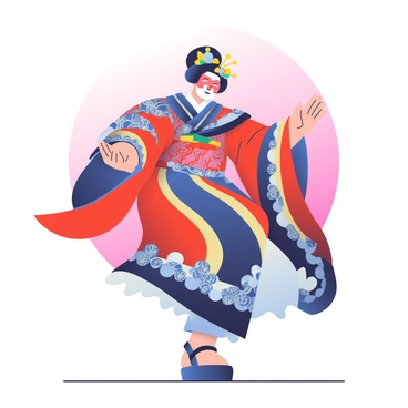 A Kabuki dancer with intricate face makeup and an elaborate traditional costume is striking a dramatic pose on stage. The costume features bold colors, including bright red and deep blue, with intricate patterns. The dancer's hair is styled in an elaborate updo adorned with ornate hairpins. The stage is dimly lit, highlighting the dancer against a soft backdrop with subtle gradients. The dancer’s arms are extended gracefully, and one leg is raised in a dynamic pose, capturing the essence of performance.