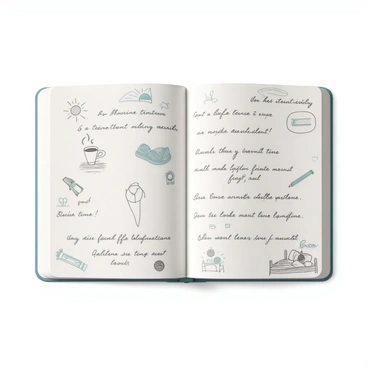 A diary page featuring a collection of sketches and cursive handwriting. The page is filled with doodles illustrating various activities throughout the day. On the top left, there is a simple sketch of a steaming cup of coffee, next to it, a small drawing of a sun rising. In the center, there are sketches of a pair of running shoes, a pencil, and a notebook, representing a morning exercise routine and study time. The cursive handwriting flows alongside the drawings, detailing the daily schedule and reflections. The bottom right corner contains a small illustration of a cozy bed, with handwritten notes about relaxation and sleep. The overall layout is busy yet organized, with a harmonious blend of visual elements and text.