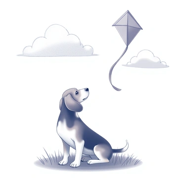A beagle is sitting on a grassy field, attentively observing a kite soaring high in the sky. The dog has a short coat with distinctive black and brown markings. Its ears are long and floppy, and its tail is wagging slightly in excitement. The kite, which is depicted with a variety of geometric shapes, is flapping in the wind. The sky above is expansive with fluffy white clouds scattered throughout. The scene captures a feeling of movement with the breeze rustling through the grass around the beagle.