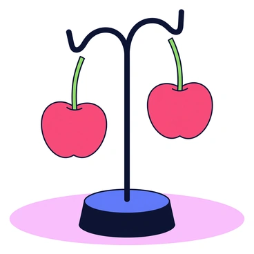 A pair of cherry-shaped earrings with bright red bodies and green stems. The earrings are hanging from a minimalist jewelry stand that has a simple black base and slender vertical supports. The stand is positioned on a smooth, light-colored surface, highlighting the vivid colors of the cherries. The earrings are the focal point of the image, capturing attention with their playful design.