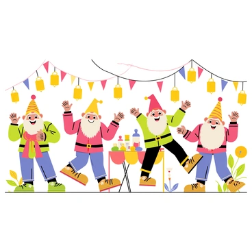 A lively festival scene featuring several cheerful dwarves dancing joyfully in celebration. The dwarves are wearing colorful clothing, with intricate patterns and small accessories. In the background, there are numerous bright lanterns hanging from strings, casting a warm glow over the festivities. Some of the dwarves are clapping their hands, while others are spinning around with wide smiles. The ground is decorated with vibrant banners and flowers, adding to the festive atmosphere. A few tables can be seen laden with delicious food and drinks, inviting everyone to join the celebration.