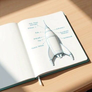 A sketchbook lying open on a wooden table, displaying a detailed 3D rocket design drawn in pencil. The rocket features multiple fins, a rounded nose cone, and intricate details on its body, including rivets and panel lines. Surrounding the rocket are handwritten annotations in blue ink, pointing out various components such as the fuel tank, engines, and guidance system. The sketchbook has a green cover, and the table is illuminated by soft, natural light, casting gentle shadows across the pages.