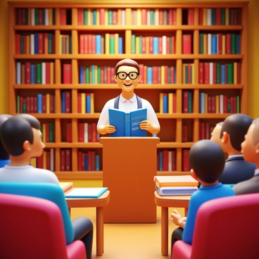 An author standing at a small podium in a cozy bookstore, holding a newly published book with a colorful cover. The author has glasses and a warm smile, addressing an attentive audience seated in plush chairs. Shelves filled with various books surround the space, and warm light illuminates the scene. A small table beside the author displays additional copies of the book and a few bookmarks. Onlookers appear engaged, some taking notes while others listen intently. A soft, inviting atmosphere permeates the room.