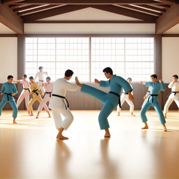 A large dojo arena with wooden floors and traditional Japanese decor. In the center, two martial artists are sparring. One martial artist, wearing a white gi with a black belt, is in a defensive stance, while the other, dressed in a blue gi, is executing a high kick. Several other martial artists, in different colored gis, are positioned around the perimeter, practicing kata. Their movements are precise and focused, showcasing a variety of techniques. Natural light streams through large windows, illuminating the space and highlighting the intensity of their practice.