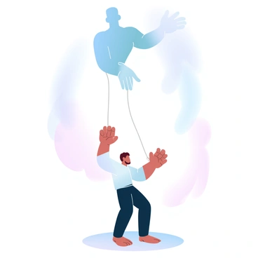A person stands in a dimly lit room, looking contemplative. Their posture suggests a struggle, as strings are attached to their wrists and ankles, leading up to a puppet master figure above them. The puppet master is shaped like a shadowy representation of their inner critic, with exaggerated features and a commanding presence. The strings appear delicate but unyielding, creating a sense of tension in the scene. The background features soft gradient pastel colors, enhancing the emotional weight of the interaction. The atmosphere conveys a sense of conflict between the person and the puppet master.