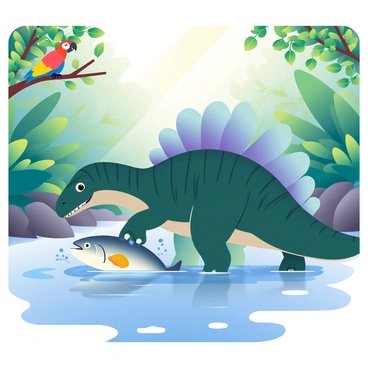 A spinosaurus with dark green scales is standing in a shallow river, its long snout submerged as it catches a large fish. The spinosaurus has a prominent sail on its back, showcasing a combination of light blue and purple hues. Surrounding the scene, dense rainforest foliage is present, with large leaves and vines creating a lush, vibrant backdrop. To the left, a colorful parrot with bright red and yellow feathers is perched on a branch, adding a pop of color to the setting. Water splashes are visible as the fish is pulled from the river, reflecting the sunlight filtering through the canopy above.