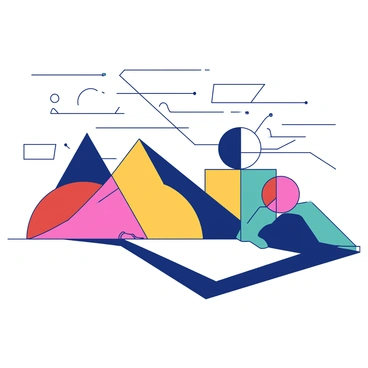 A duotone landscape features overlapping geometric shapes in various sizes and orientations. The shapes include triangles, circles, and rectangles, all in contrasting colors. Arbitrary lines crisscross the scene, connecting the shapes and adding an element of complexity. The ground is a flat plane, while the sky above is filled with angular forms, creating a dynamic and structured composition. The overall scene is both orderly and chaotic, inviting the viewer to explore the relationships between the shapes and lines.