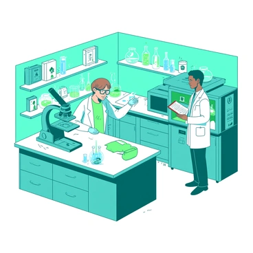A teal biotech lab annex is filled with advanced equipment and scientists engaged in various experiments. In the center, a scientist in a white lab coat is examining a sample under a blue microscope. There is a large white workbench cluttered with glass beakers and tubes of colorful liquids. Another scientist is taking notes on a clipboard while standing next to a teal centrifuge. The walls are lined with white shelves holding biohazard containers and scientific literature.