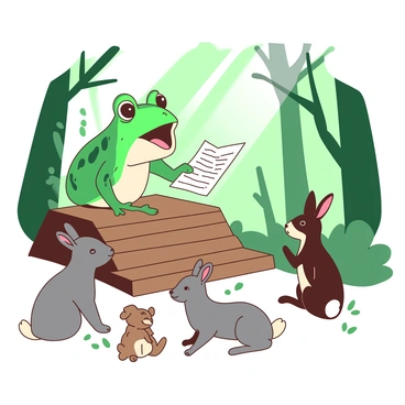 A green toad with bulging eyes is standing on a small wooden stage, its mouth open as it recites poetry. The stage is surrounded by various attentive forest animals, including a brown rabbit, a grey squirrel, and a small deer with white spots. Each animal is sitting quietly, ears perked up, immersed in the performance. Soft rays of sunlight filter through the trees overhead, illuminating the scene and creating a peaceful atmosphere in the forest. 