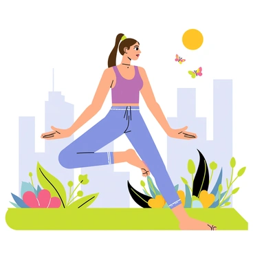 A cartoon girl performing yoga poses on a green rooftop garden. She has long brown hair tied in a ponytail and is wearing a bright purple tank top and light blue yoga pants. The garden is filled with colorful flowers and vibrant green plants. In the background, there are modern city buildings visible, creating a contrast with the natural elements of the garden. The girl is in a graceful pose, surrounded by a few butterflies and a sun shining brightly in the clear blue sky.