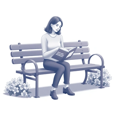 A person sitting on a park bench. The individual has an open book titled "Mental Health Awareness" resting on their lap. The person is focused on reading, with a thoughtful expression on their face. The park bench is made of wood with metal armrests. Around the bench, various blooming flowers are present, showcasing their intricate petals and details. The flowers are arranged in clusters, creating a natural frame around the scene. The setting conveys a sense of tranquility and engagement with nature.