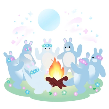 A group of Moomins is dancing in a circle around a bright bonfire. The Moomins are depicted in their distinct shapes and sizes, with some wearing flower crowns made of colorful wildflowers. The bonfire emits warm, flickering flames, casting a gentle glow on the surrounding area. The ground is covered with green grass and dotted with various wildflowers. Above them, the night sky is filled with stars, creating a magical atmosphere. A large, round moon is visible, adding to the charm of the midsummer celebration.