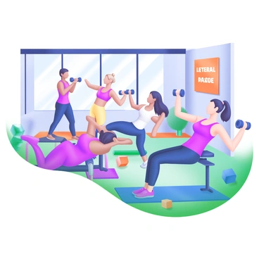 A vibrant fitness class featuring a diverse group of individuals performing lateral raises. Each person is engaged in the exercise, demonstrating different body types and ethnic backgrounds. The scene includes a bright, colorful studio environment with large windows allowing natural light to pour in. Some individuals are wearing bright workout gear, and there are various weights and fitness mats scattered around the room. In the background, motivational posters adorn the walls, adding to the energetic atmosphere of the class.