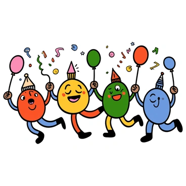 A vibrant scene of musical notes with cartoonish faces and limbs dancing joyfully in a parade. Each note has a unique face expressing happiness, with big eyes and wide smiles. Some notes are holding hands with each other, creating a sense of unity and celebration. The parade is lively, with colorful streamers and balloons floating in the air, enhancing the festive atmosphere. The musical notes are diverse in size and shape, adding variety to the scene as they sway rhythmically to the music.