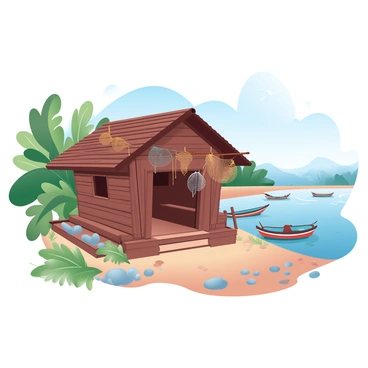 A rustic wooden hut stands by the banks of the Congo River, surrounded by lush, green foliage. Traditional fishing gear is hanging from the eaves of the hut, including woven nets and wooden fishing poles. The river glimmers in the background, reflecting the colors of the sky. The ground is covered with scattered stones and patches of grass, enhancing the natural setting. A few colorful fishing boats are visible tied along the riverbank, adding depth to the scene.