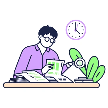 An auditor with short hair is sitting at a wooden desk, examining a stack of documents using a magnifying glass held in their right hand. The documents are spread out before them, featuring printed numbers and text. The auditor is wearing glasses and a blue shirt, focused on the details. On the table, there is a highlighted section of a document that displays the accounting equation, clearly visible. In the background, a simple clock is hanging on the wall and a green plant is placed in the corner.