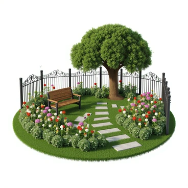 A quaint garden filled with a variety of blooming flowers in vibrant colors, including roses, daisies, and tulips. Lush green grass covers the ground, interspersed with stone pathways leading through the garden. In the background, there is an ornate, wrought iron fence with intricate patterns and designs, encircling the garden. The fence features tall posts and decorative scrollwork, adding elegance to the scene. A few butterflies flutter around the flowers, and a wooden bench is placed under a large, leafy tree for relaxation.