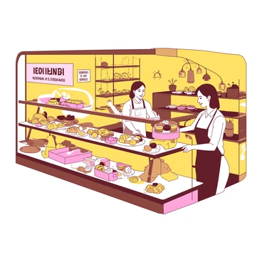 A yellow charming bakery in Vienna has large display windows showcasing an array of pastries. The pastries are beautifully arranged, featuring items like croissants, danishes, and cakes, all glistening with frosting or glaze. Inside, a friendly baker with a white apron is warmly serving customers at the counter. The baker is smiling as they hand a customer a pink pastry box filled with assorted treats. The interior is bright and inviting, with wooden shelves lined with more baked goods and colorful decorations adorning the walls.