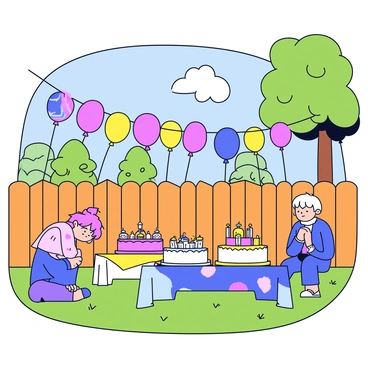 A backyard decorated for a colorful birthday party, featuring a vibrant assortment of balloons in various shapes and sizes floating above. In the center, there is a table adorned with a bright tablecloth, piled high with treats like cupcakes and a large birthday cake. Streamers hang from the trees, framing the scene. Nearby, a person sits outside the wooden fence, their shoulders slightly slumped and a downcast expression on their face, contrasting with the cheerful atmosphere of the party. The sun shines brightly, casting soft shadows on the grass.