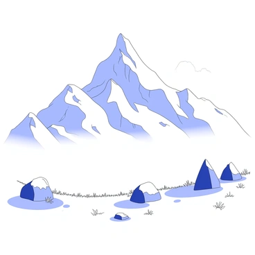 A majestic mountain rises prominently in the background. The peak has a rugged texture with jagged edges, creating a striking silhouette. Swirling fog envelops the lower slopes, partially obscuring the view of the rock face. The morning atmosphere is depicted with soft contours and delicate lines, providing a sense of early light. The foreground features a sparse arrangement of rocky outcrops and patches of grass, adding depth to the scene.