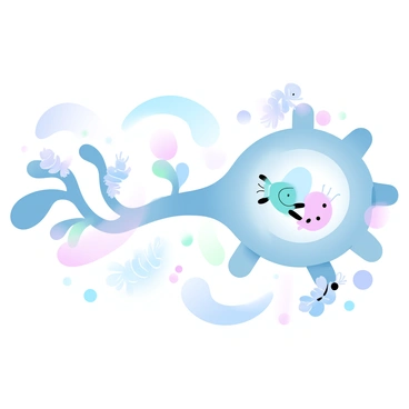 A microcosm of life inside a neuron, with tiny creatures living in harmony