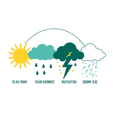A white illustration depicts various weather patterns arranged in a semi-circle. On the left, there is a bright yellow sun with rays extending outward, representing a sunny day. Next to it, a teal cloud emits raindrops, illustrating a rain shower. Following that, a dark teal thundercloud with lightning bolts is shown in the center, representing a thunderstorm. On the right side, a fluffy white snow cloud releases soft, white snowflakes that gently fall to the ground, depicting a snowy day. Each weather pattern is clearly labeled with its name in bold, black text beneath the respective illustration.