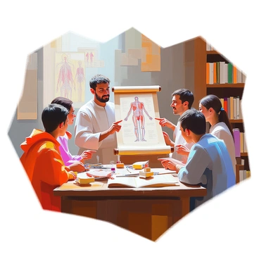 Vesalius interacting with patients, explaining anatomy with a large scroll