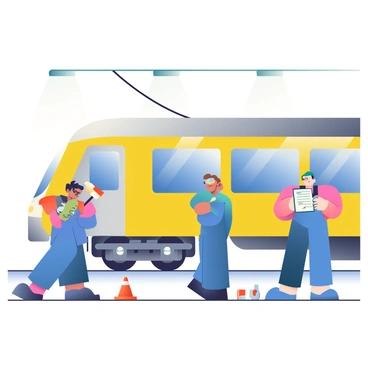 A group of mechanics is gathered around an airport express train on a maintenance platform. One mechanic with dark hair and wearing a blue uniform is inspecting the train's wheels, using a wrench to tighten bolts. Another mechanic, with light skin and wearing gloves, is checking the engine compartment, holding a flashlight to illuminate the area. A third mechanic, with short hair and wearing safety goggles, is reviewing maintenance logs on a clipboard. The train is painted in bright yellow and silver colors, with large windows reflecting the overhead lights. Tools are scattered on a nearby workbench, including a toolbox, screwdrivers, and a couple of safety cones placed beside the train.