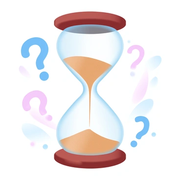 An hourglass is positioned at the center of the image, filled with fine, golden sand. The sand is slowly flowing from the upper chamber to the lower chamber, creating a sense of motion. Surrounding the hourglass are several question marks in varying sizes, representing unanswered questions. The background is a gradient of soft pastel colors, transitioning from light blue to pale pink, enhancing the sense of time and contemplation. The base of the hourglass is made of elegant wood, adding a touch of sophistication to the image.