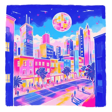 A vibrant city skyline showcases tall buildings with various architectural styles, featuring glass facades and illuminated windows. Above the skyline, a giant disco ball hovers, reflecting and scattering colorful lights across the city. The lights create dynamic patterns on the surfaces of the buildings and the streets below. A few clouds are visible in the sky, adding depth to the scene. The atmosphere is lively, with hints of nightlife evident through small groups of people on the streets enjoying the vibrant display.