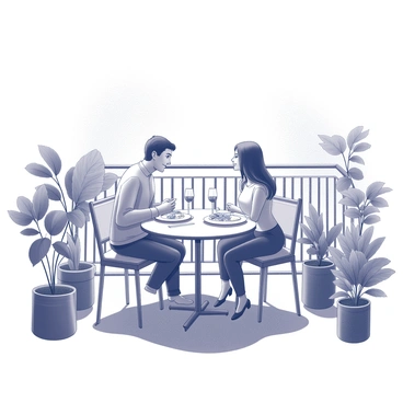 A couple is seated at a small table on a balcony, enjoying brunch. The table is adorned with plates of food, cutlery, and glasses. The couple is engaged in conversation, smiling at each other. Surrounding them are various potted plants, adding greenery to the scene. Sunlight streams onto the balcony, creating a warm atmosphere. The balcony features a railing that frames the couple and the plants, enhancing the cozy setting.