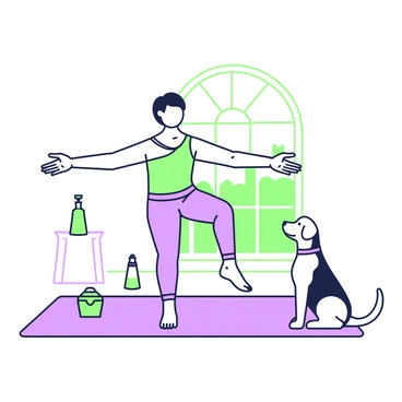 A person is performing scapular retraction exercises on a yoga mat. The individual is focused and positioned with arms extended out to the sides, demonstrating the retraction motion. Nearby, a therapy dog sits attentively, looking up at the person. The dog is in a relaxed posture, with its tail gently wagging. In the background, there are exercise equipment and a water bottle placed on the floor. Natural light filters through a window, creating a warm atmosphere in the room.
