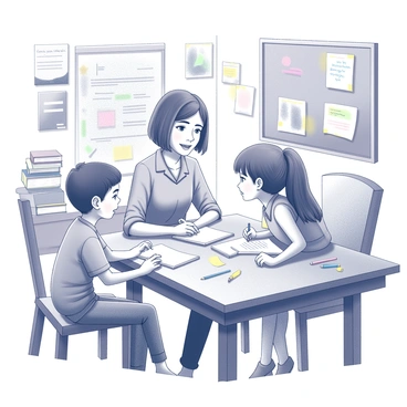 A mother is sitting at a wooden table, engaged in teaching her children. She has a focused expression as she explains a concept. The children, a boy and a girl, are attentively looking at her, taking notes on sheets of paper. The room is filled with makeshift learning materials, including a chalkboard with handwritten notes, books stacked haphazardly, and colorful drawings pinned on the walls. There are pencils and other stationary items scattered across the table, creating a lively and educational atmosphere.