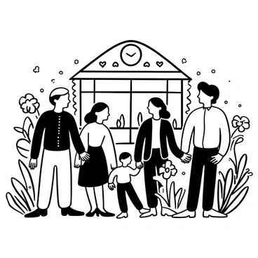 A family standing together in front of a wedding venue, surrounded by greenery. Each family member is wearing festive attire, with a variety of patterns and textures. The group is arranged in a semi-circle, showcasing a mix of dresses and suits. In the background, the wedding venue is elegantly decorated, with floral arrangements visible. There are decorative elements like ribbons and lights adorning the venue, adding to the celebratory atmosphere. The hands of family members are interlinked, emphasizing unity and joy.