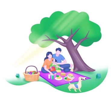 A family sitting on a colorful picnic blanket under a large, protective tree. The tree has a thick trunk and a wide canopy, providing ample shade. The family consists of four members: a mother and father, a young girl, and a teenage boy. The picnic spread includes a variety of food items such as sandwiches, fruits, and drinks in vibrant containers. Nearby, there is a wicker basket filled with more snacks and a small, playful dog lying next to the blanket. Sunlight filters through the leaves, creating dappled patterns on the ground.