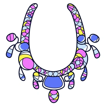 A traditional collier adorned with intricate patterns and vibrant colors that reflect a specific culture's heritage. The necklace features large, colorful beads and smaller decorative elements, each representing unique cultural motifs. The design includes symbols and shapes that are significant to the culture, creating a visually rich appearance. The collier is displayed against a simple, neutral background to emphasize its detailed craftsmanship and cultural significance.