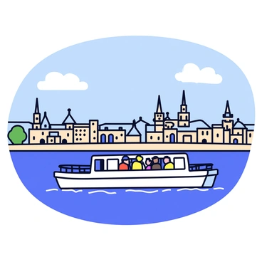 A ferry with a light blue and white color scheme is transporting several people across a wide river. The ferry has a flat deck with safety railings and is slightly tilted due to the weight of the passengers. In the background, there is a historic city featuring a skyline filled with old stone buildings, tall steeples, and a few domed rooftops. The river has gentle waves reflecting the sunlight, and there are a few fluffy white clouds in the blue sky above.