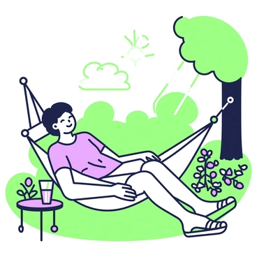 A person is lying in a garden hammock, enjoying the warm weather. They are wearing a light, casual summer outfit consisting of a short-sleeve shirt and comfortable shorts. The hammock is suspended between two trees, surrounded by lush greenery. Nearby, flower beds display a variety of plants in full bloom. Sunlight filters through the leaves, casting playful patterns on the person’s face. The individual has a content expression, with their eyes closed, as they listen to the soothing sounds of nature. A small table beside the hammock holds a refreshing drink.