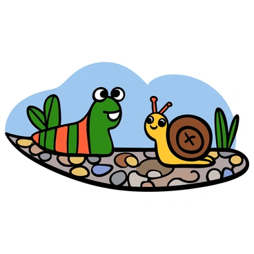A colorful green caterpillar with big eyes is sitting on a path of small, round pebbles. It is facing a brown snail with a shiny shell, also with big eyes. The caterpillar has a wide smile, and the snail appears to be engaged in the conversation, with its antennae raised. The background is filled with a few green leaves and a soft, blue sky, suggesting a bright and cheerful day. The pebbles vary in color, creating a textured surface beneath them.