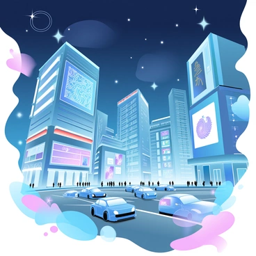 A futuristic skyline of Tokyo illuminated at night. The scene features towering skyscrapers with sleek, modern designs made of glass and steel. Various buildings have bright neon lights displaying intricate patterns and advertisements. In the foreground, a busy street is visible, filled with vehicles and pedestrians, with reflections of the dynamic lights on the asphalt. The sky above is a deep navy blue, dotted with a few stars. The overall atmosphere conveys a sense of vibrant, urban energy.