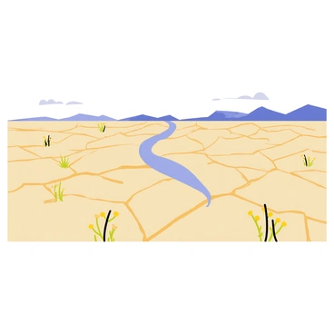 A dry riverbed featuring wide, cracked soil that stretches across the scene. The ground has deep fissures and a dusty texture, indicating a lack of moisture. Sparse vegetation, such as small yellow flowers and scattered green shrubs, is scattered around the edges of the riverbed. The sky above is a clear blue, with a few wispy clouds drifting. There are distant hills in the background, providing a sense of depth to the landscape.