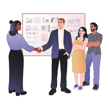A digital flat illustration depicting a diverse team of coworkers shaking hands. On the left, a woman with dark skin and curly hair is wearing a blue blouse and black trousers. She is shaking hands with a man with light skin and short brown hair, dressed in a white shirt and navy blue blazer. In the background, there is a large whiteboard filled with colorful charts and graphs, featuring various colors like red, blue, and green. To the right, a woman with medium skin and straight black hair is standing with her arms crossed, wearing a mustard yellow dress. A man with medium skin and a beard is leaning against the wall, wearing a plaid shirt and jeans. The environment is bright and professional, emphasizing teamwork and collaboration.