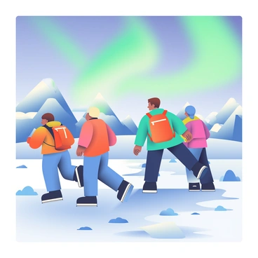 A team of explorers is trekking through icy terrain, wearing warm, insulated jackets in shades of blue and orange. They are equipped with backpacks and are walking on a surface covered in snow and ice. The explorers are diverse, with individuals of different ethnicities and genders. Above them, the northern lights illuminate the sky with vibrant greens, purples, and blues, swirling in a dramatic display. The ground beneath their feet is rugged, with patches of ice and snowdrifts. In the background, jagged ice formations rise against the horizon. The atmosphere conveys a sense of adventure and exploration.