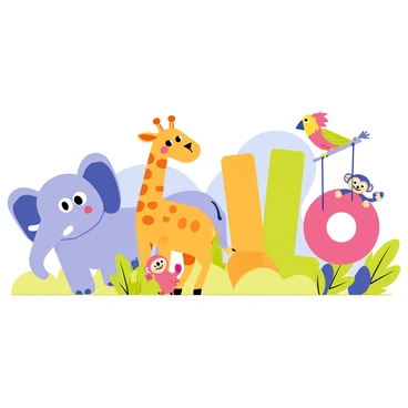 Zoo animals each holding a letter to collectively form 'Hello'
