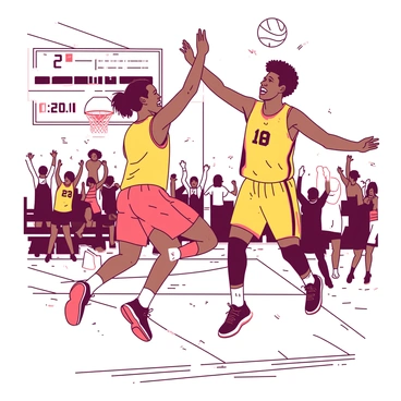 A group of athletes wearing brightly colored uniforms is jumping in the air in celebration on a basketball court. Two players are high-fiving each other with wide smiles on their faces. Others in the background are also raising their arms and cheering joyfully. The wooden floor of the court gleams under the bright lights above, and the scoreboard in the background displays a winning score. The atmosphere is filled with excitement and energy as the players express their triumph.