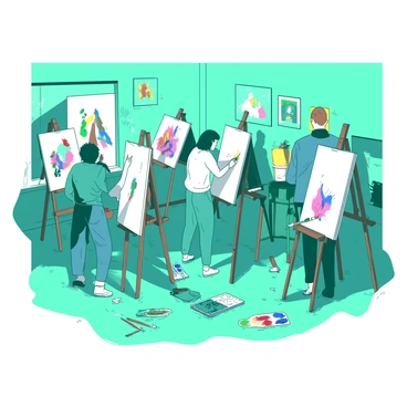 A teal workshop space filled with participants actively drawing on wooden easels. Each easel holds a large white canvas where artists are sketching with various colors. The participants are focused, some with their heads down and others stepping back to admire their work. Scattered around the room are art supplies, including paintbrushes and palettes with vibrant hues. The walls are adorned with colorful artworks created by previous attendees, adding to the creative atmosphere of the workshop.