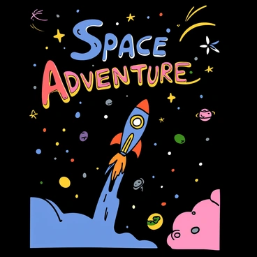 A movie poster featuring a space adventure theme. In the background, there are numerous stars twinkling in the dark cosmos. The foreground showcases a colorful spaceship soaring through space, with planets and asteroids scattered throughout the scene. The title of the movie is displayed in a "cosmic illustration font" at the top, surrounded by swirling galaxies and shooting stars. The overall atmosphere conveys excitement and exploration in a vast universe.